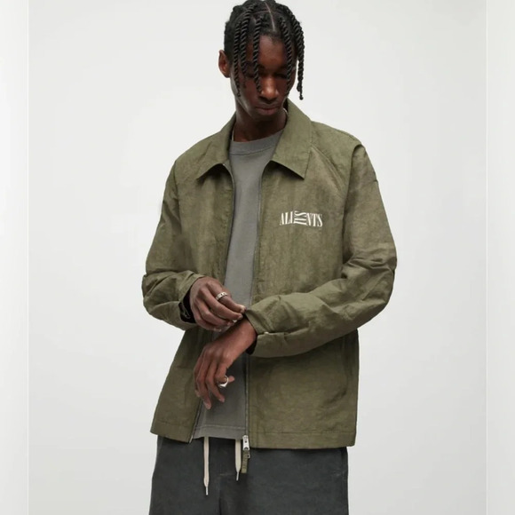 ALL SAINTS Sz S Breaker Olive Green Linen Blend Streetwear Oversized Jacket - Picture 1 of 16